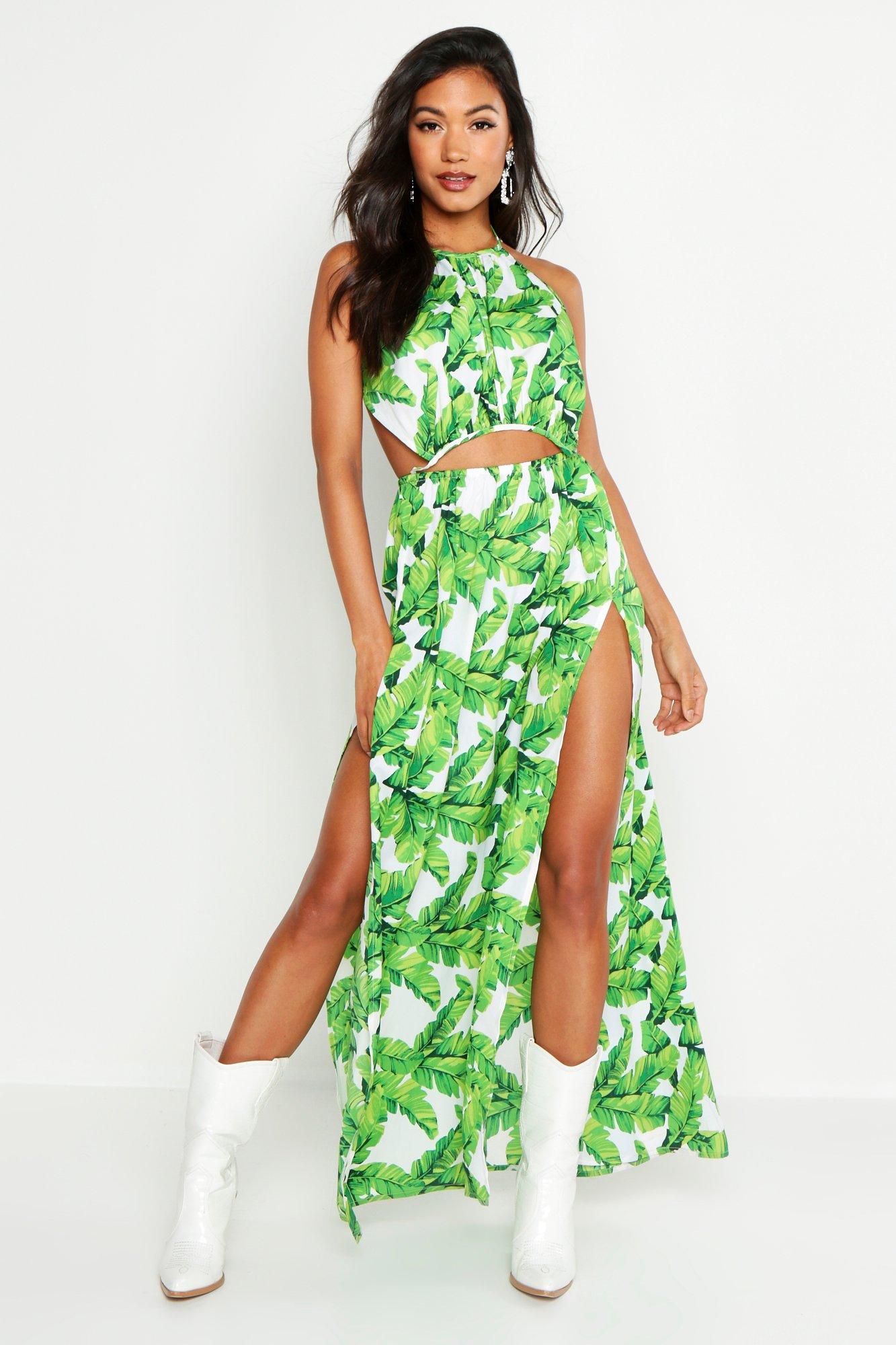 Women s Palm Print Backless Split Front Maxi Dress Boohoo UK